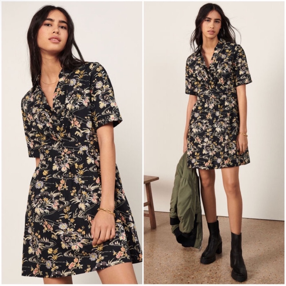 BA&SH Womens Filly T-Shirt Mini Dress Black Floral Landscape Print Size L, US 8